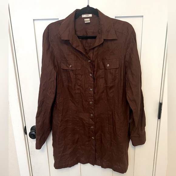 Edward Chocolate Brown Button Front Long Sleeve 100% linen Shirt Dress Size L - Picture 1 of 6